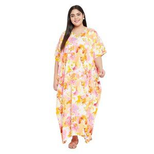 Gypsie Blu Lightweight Floral Print Caftan Maxi Dress kimono sleeve Night Gown